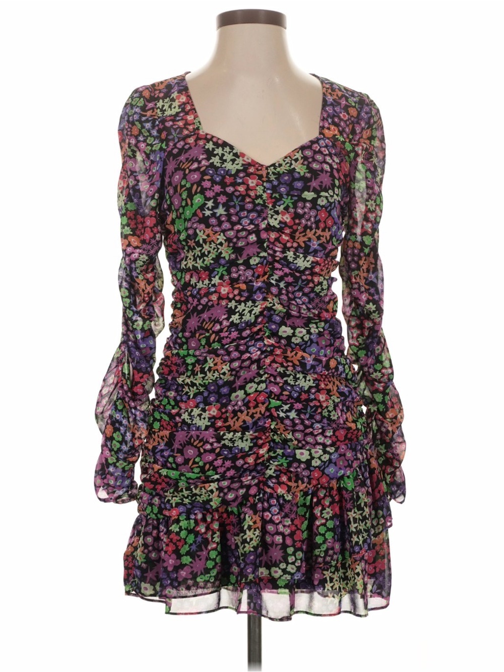 Zara Chiffon Ruched Ruffle Floral Print Long Sleeve Party Mini Dress Size S